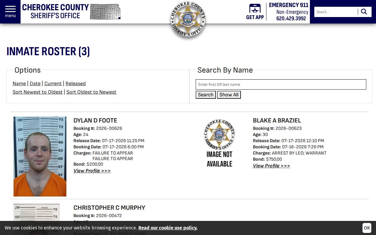 Cherokee County Sheriff Released roster with booking cards and release times