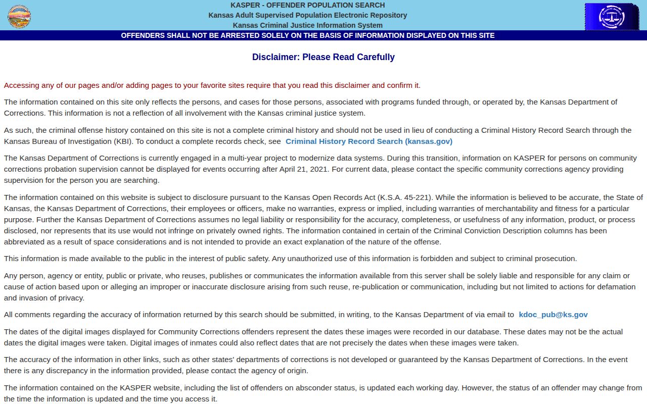 Kansas KASPER offender search and released or discharged record display