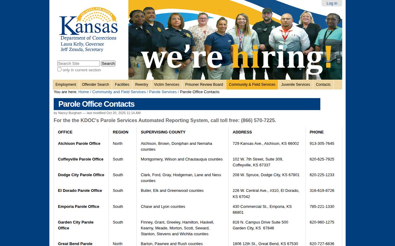 KDOC office contacts for Cherokee County parole and postrelease supervision